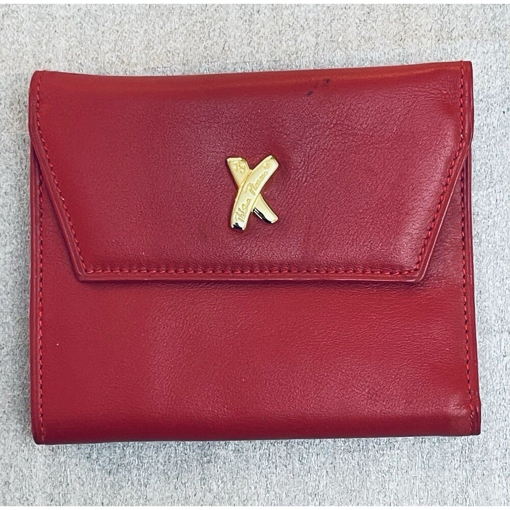 VTG Paloma Picasso Red Leather Trifold Wallet Gold X Logo Kiss Motif Italy
